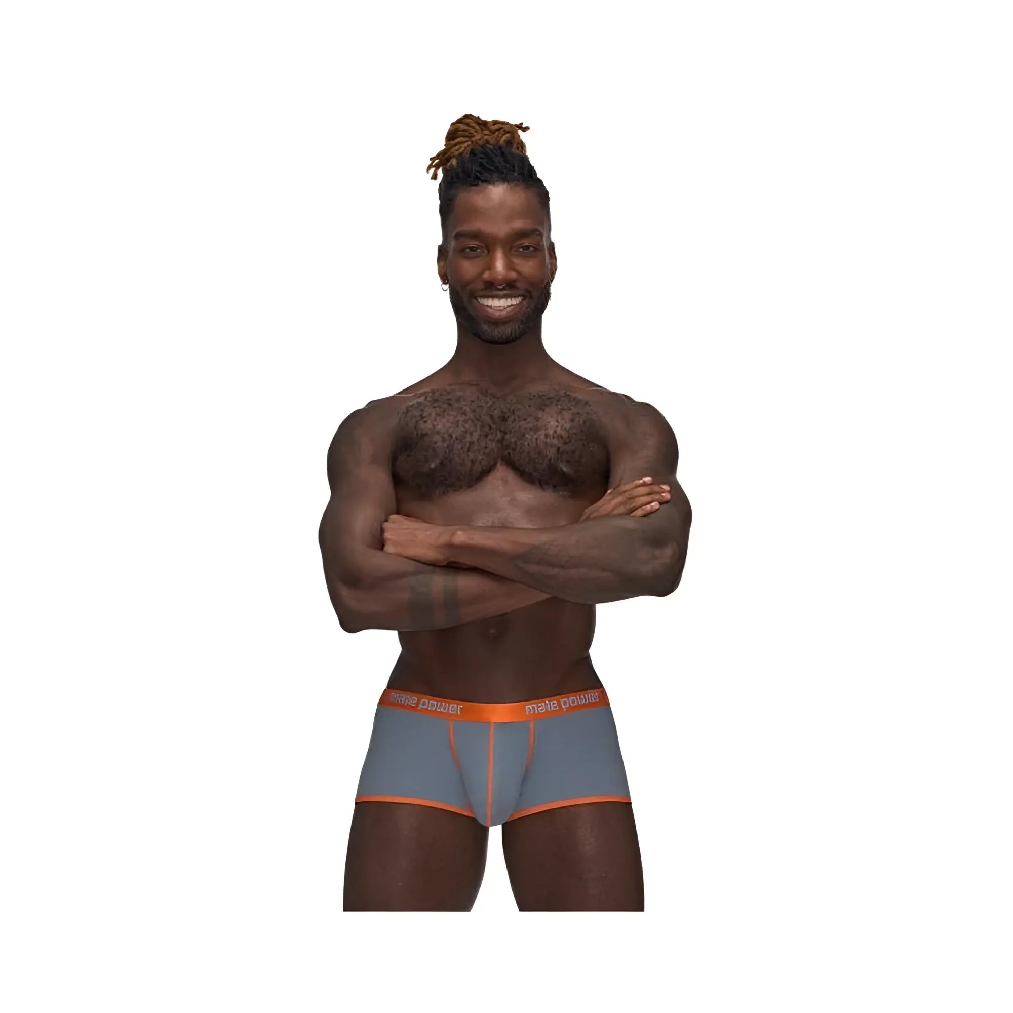 Gray boxer briefs with orange trim and a matching waistband featuring dare logo in white mp casanova uplift short gray m