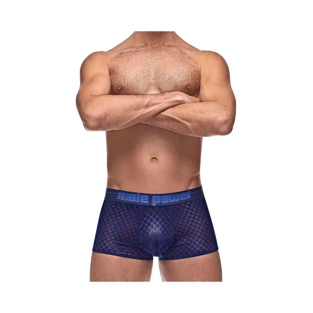 Deep blue mesh boxer briefs with matching waistband featuring male power logo in lighter blue mp diamond mesh mini short nav lrg