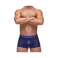Deep blue mesh boxer briefs with matching waistband featuring male power logo in lighter blue mp diamond mesh mini short nav lrg