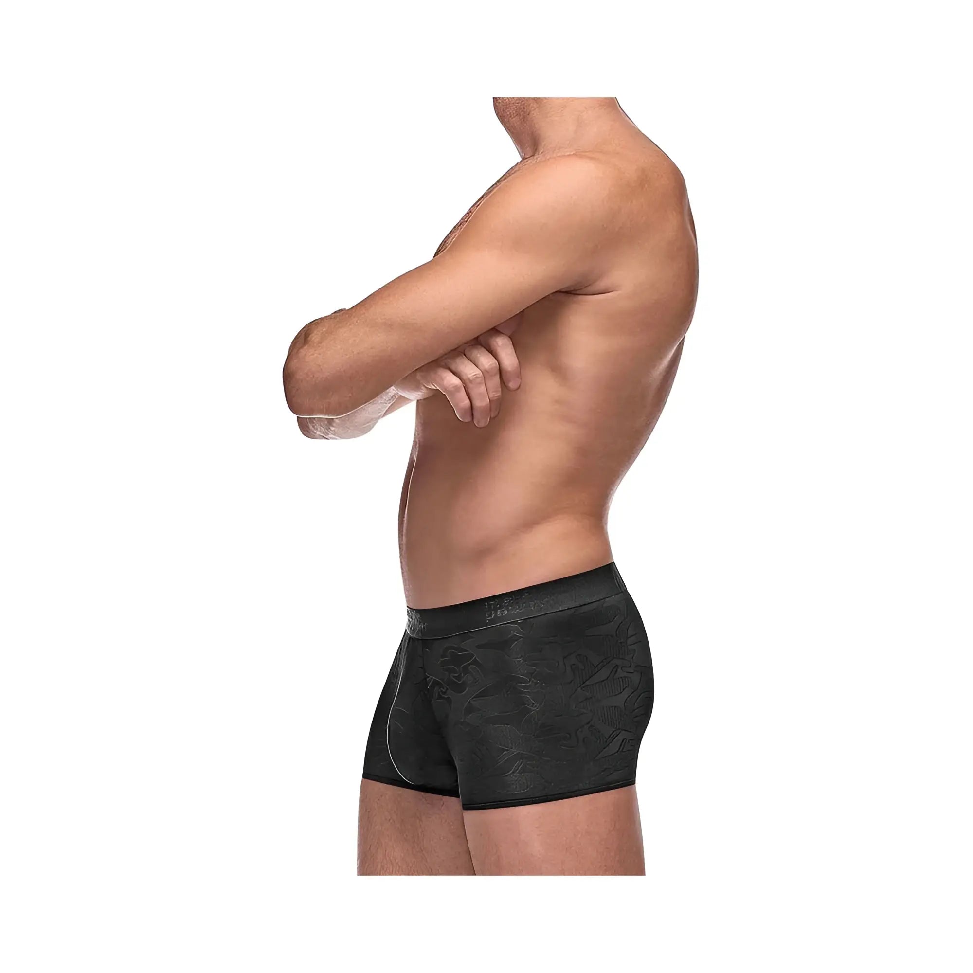 Black men’s boxer briefs with subtle embossed floral pattern in black mp impressions short blk sml design
