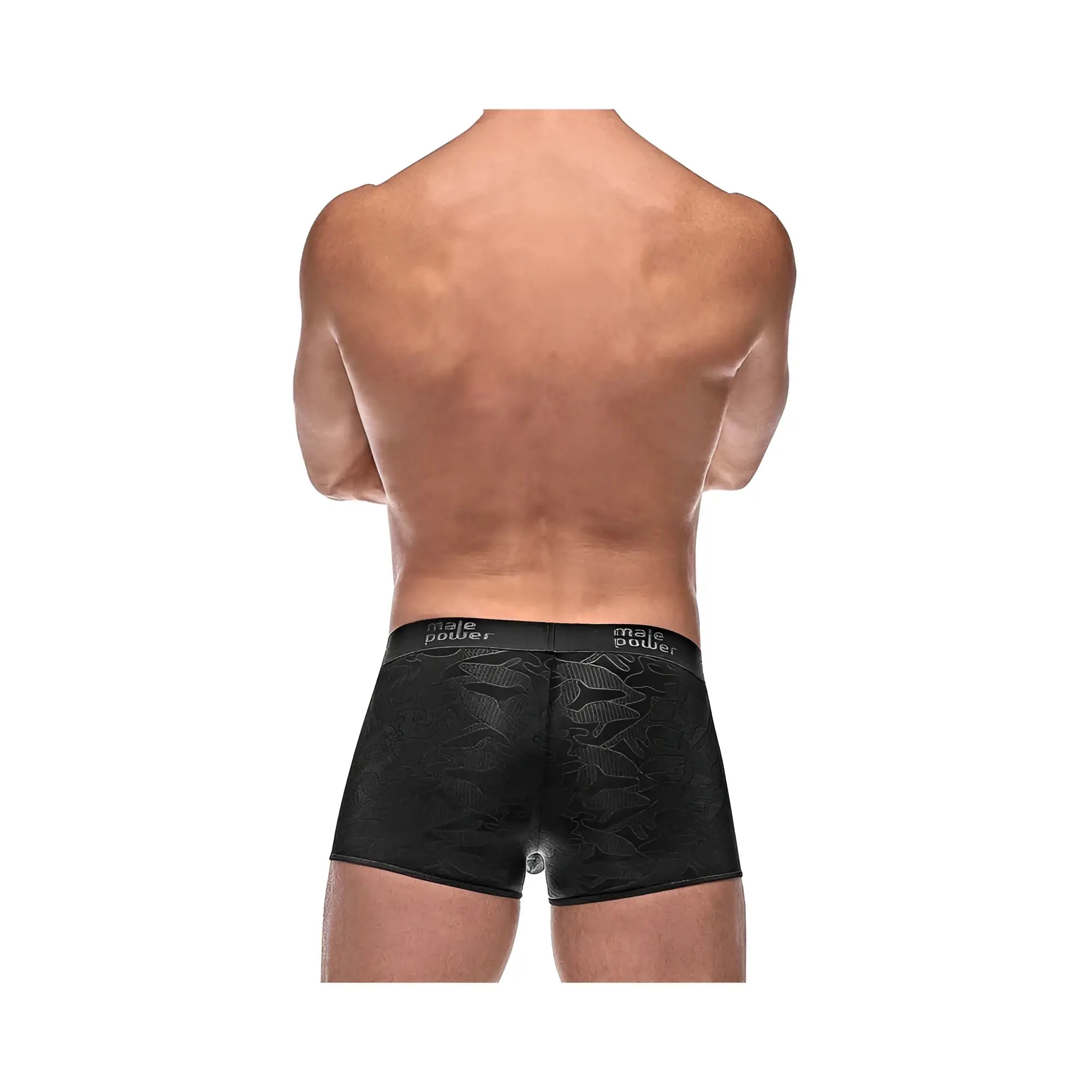 Black mens boxer briefs with a subtle textured pattern and male power branding on the waistband mp impressions short blk sml
