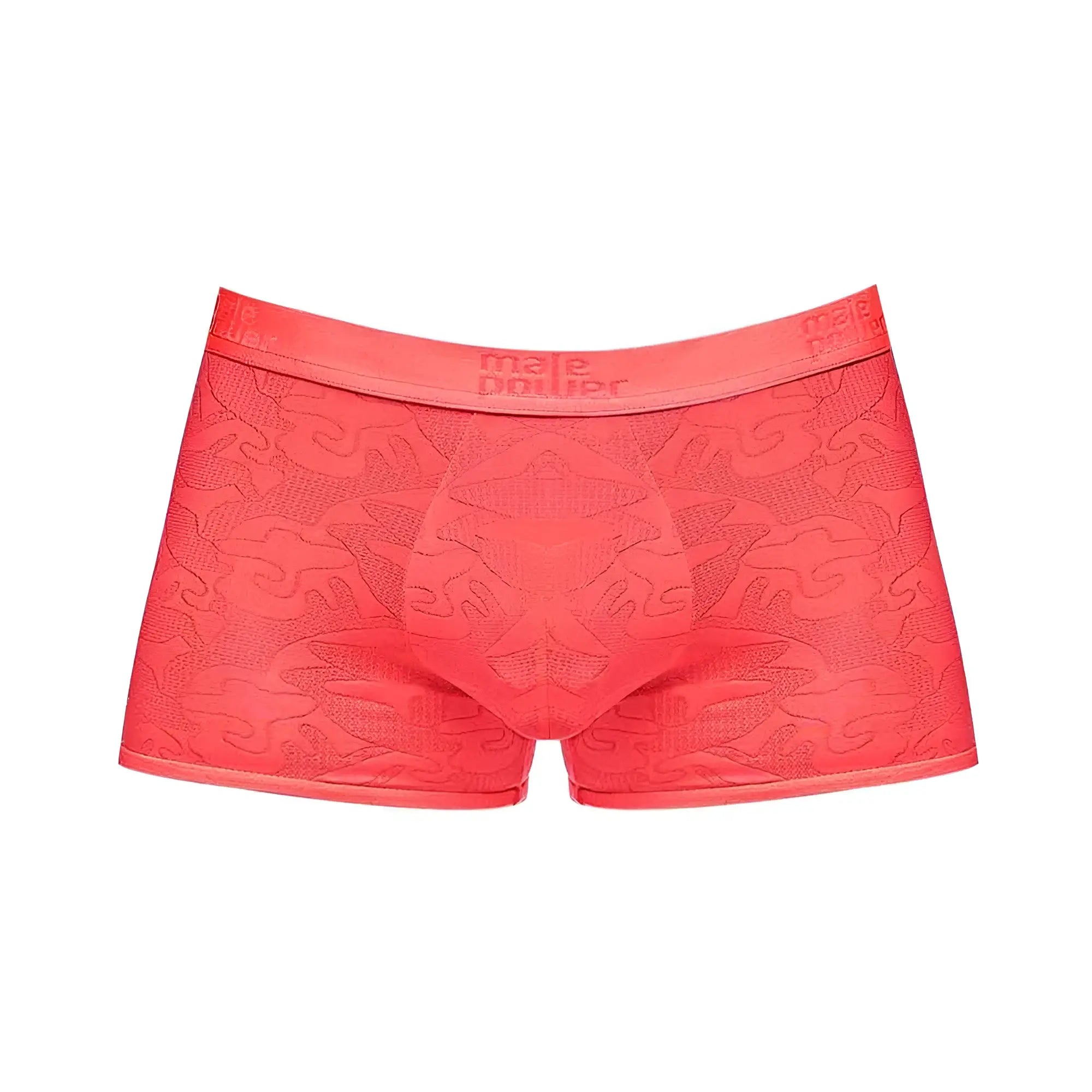 Coral-red mp impressions short cor sml men’s boxer briefs with embossed geometric pattern and branded waistband