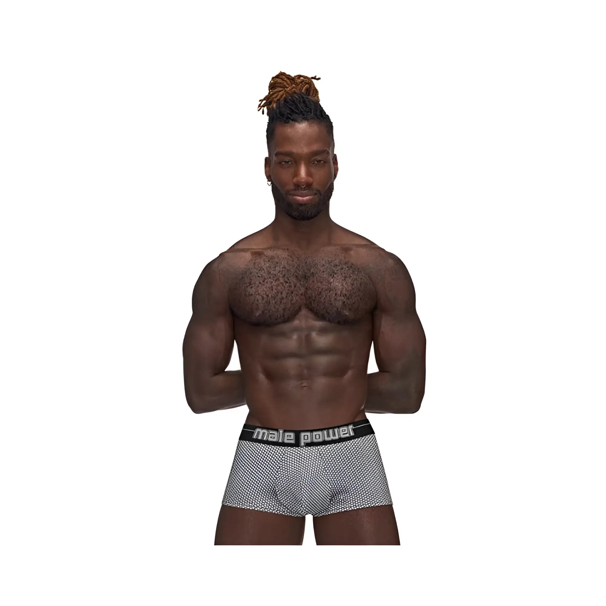 Gray patterned men’s boxer briefs with black waistband featuring male power logo mp sexagon mini short gray l