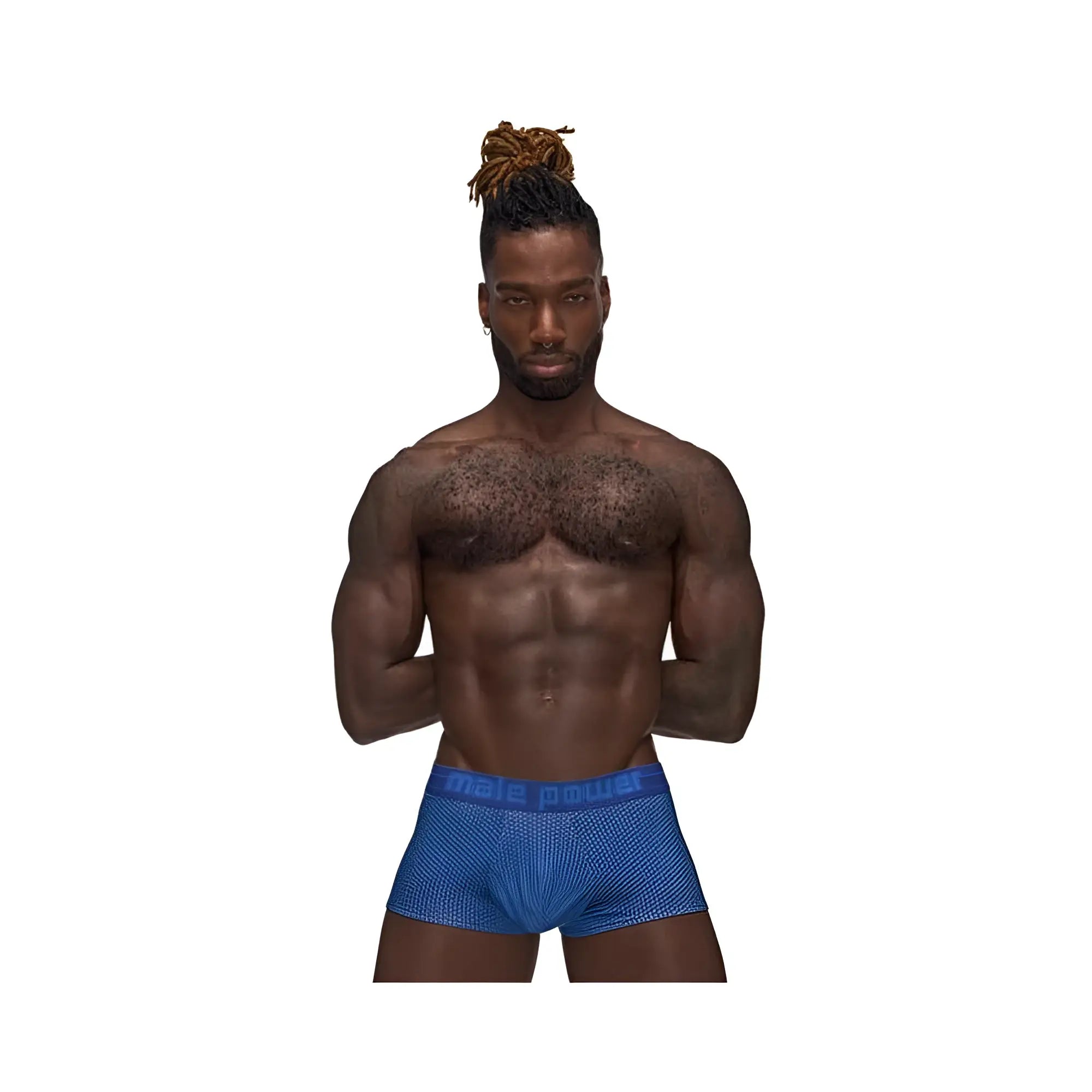 Blue textured men’s boxer briefs with matching elastic waistband featuring male power logo in mp sexagon mini short royal m