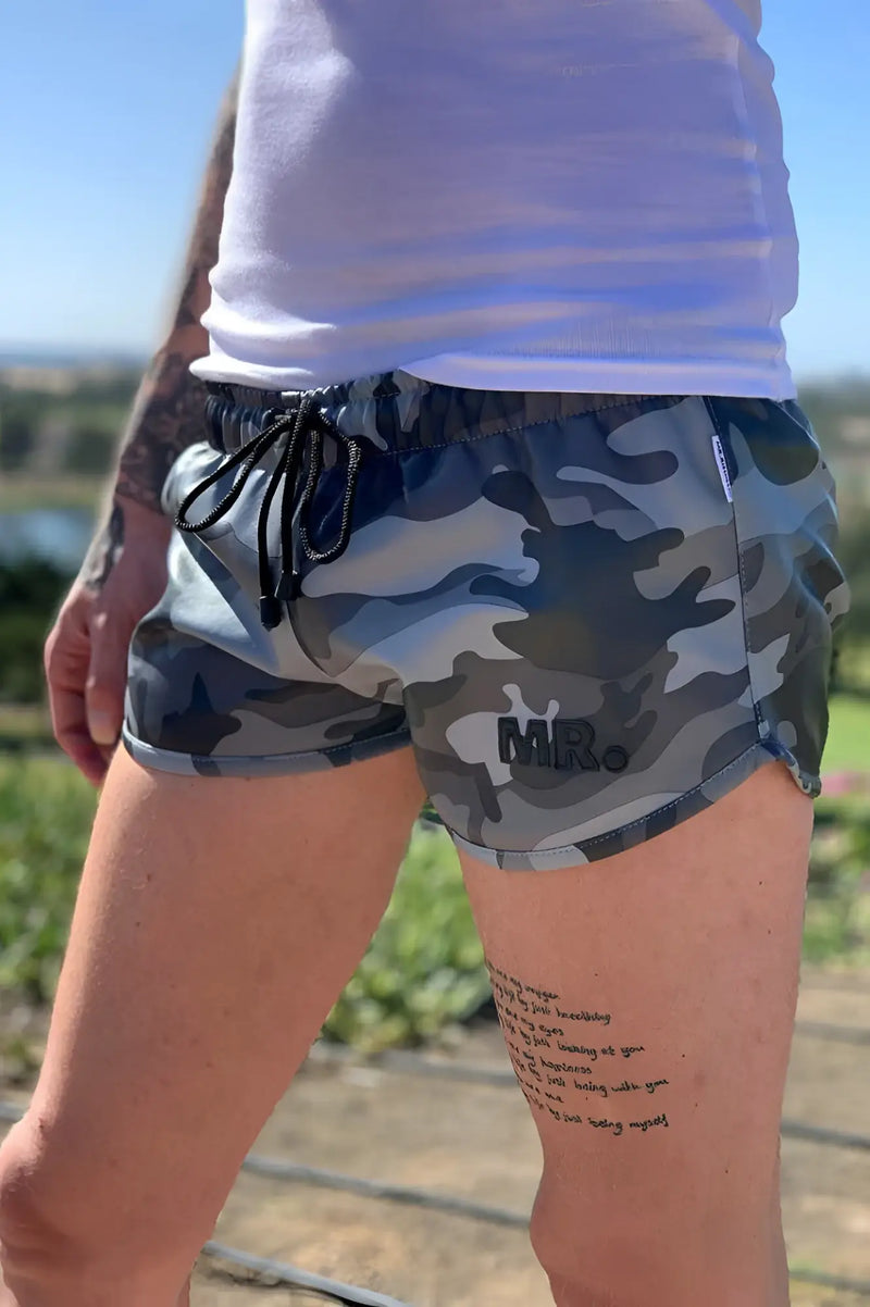 Mr riegillio mr mini shorts camo gray and black camouflage shorts with drawstring waistband size m