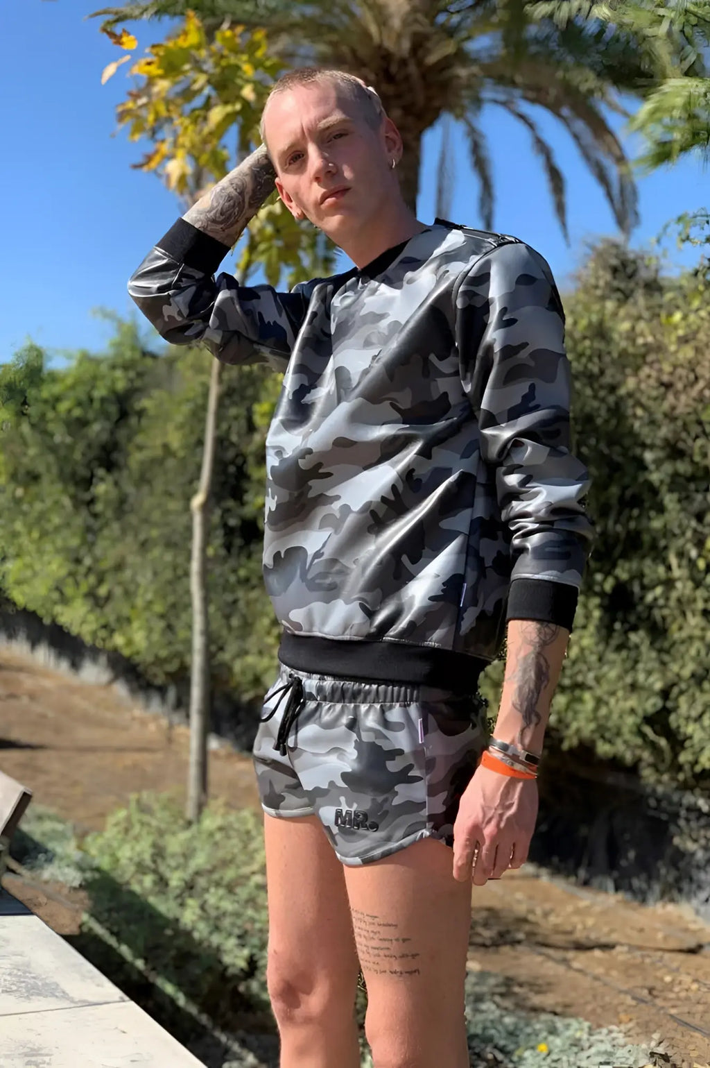 Gray camouflage sweatshirt with black ribbed cuffs and waistband from mr riegillio mini shorts camo size m product image