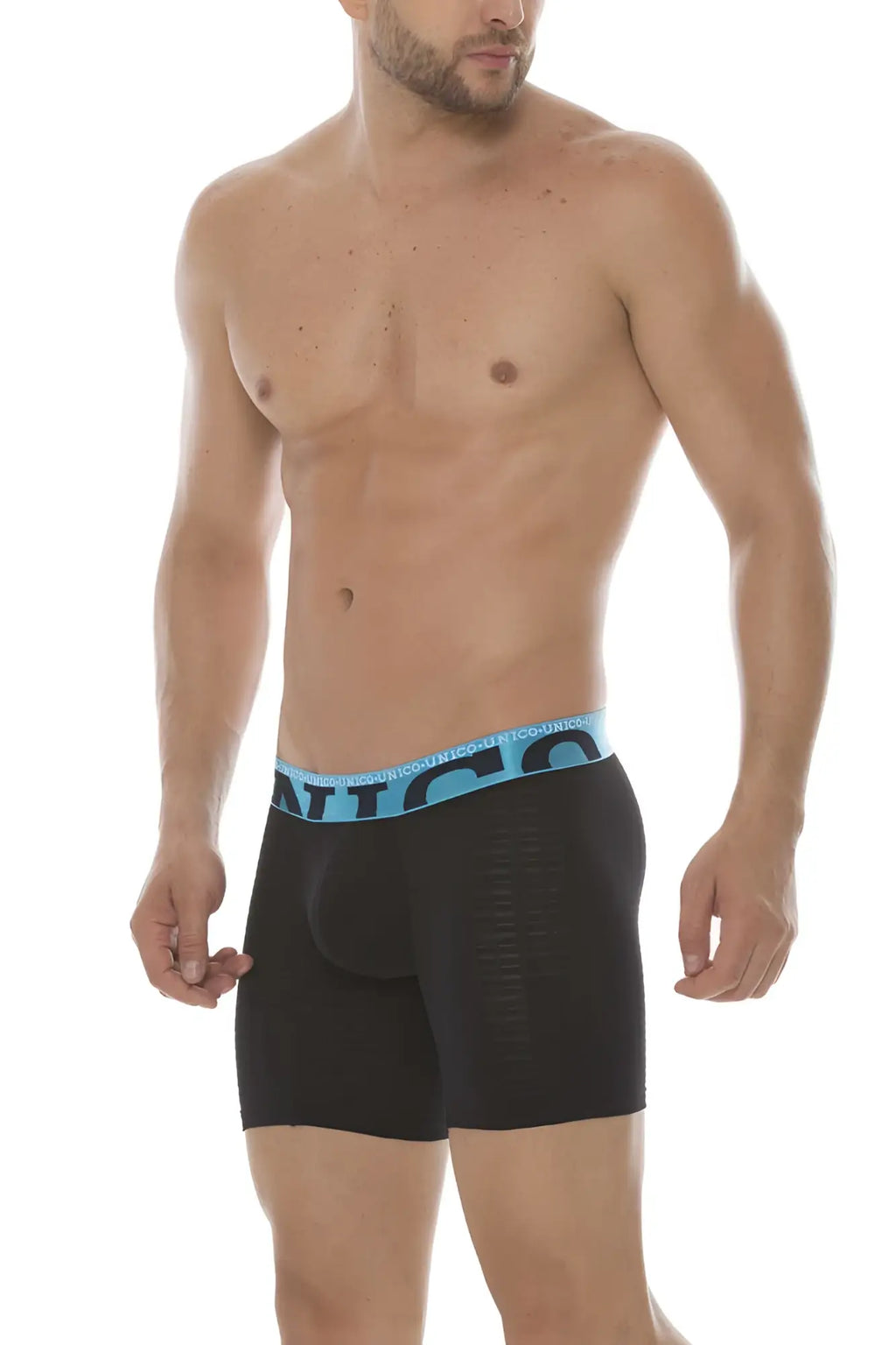 Black mondo unico cup alboroto mid boxer briefs with light blue elastic waistband and nico branding size M