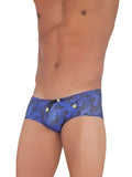 Mundo Unico musica nota bikini swimwear medium blue patterned swim trunks with black floral design and gold buttons