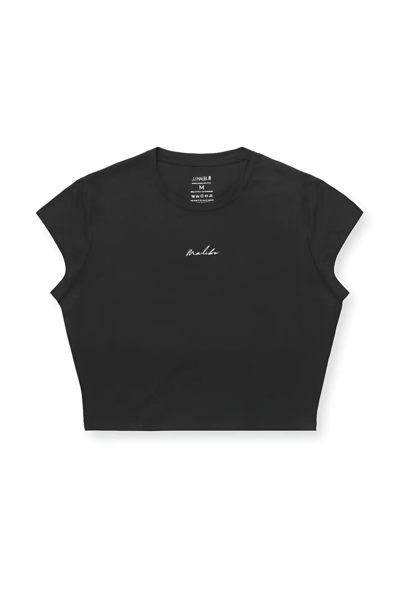 Black muscle-fit crop half-sleeve tee with subtle white cursive logo on chest made from soft cotton blend
