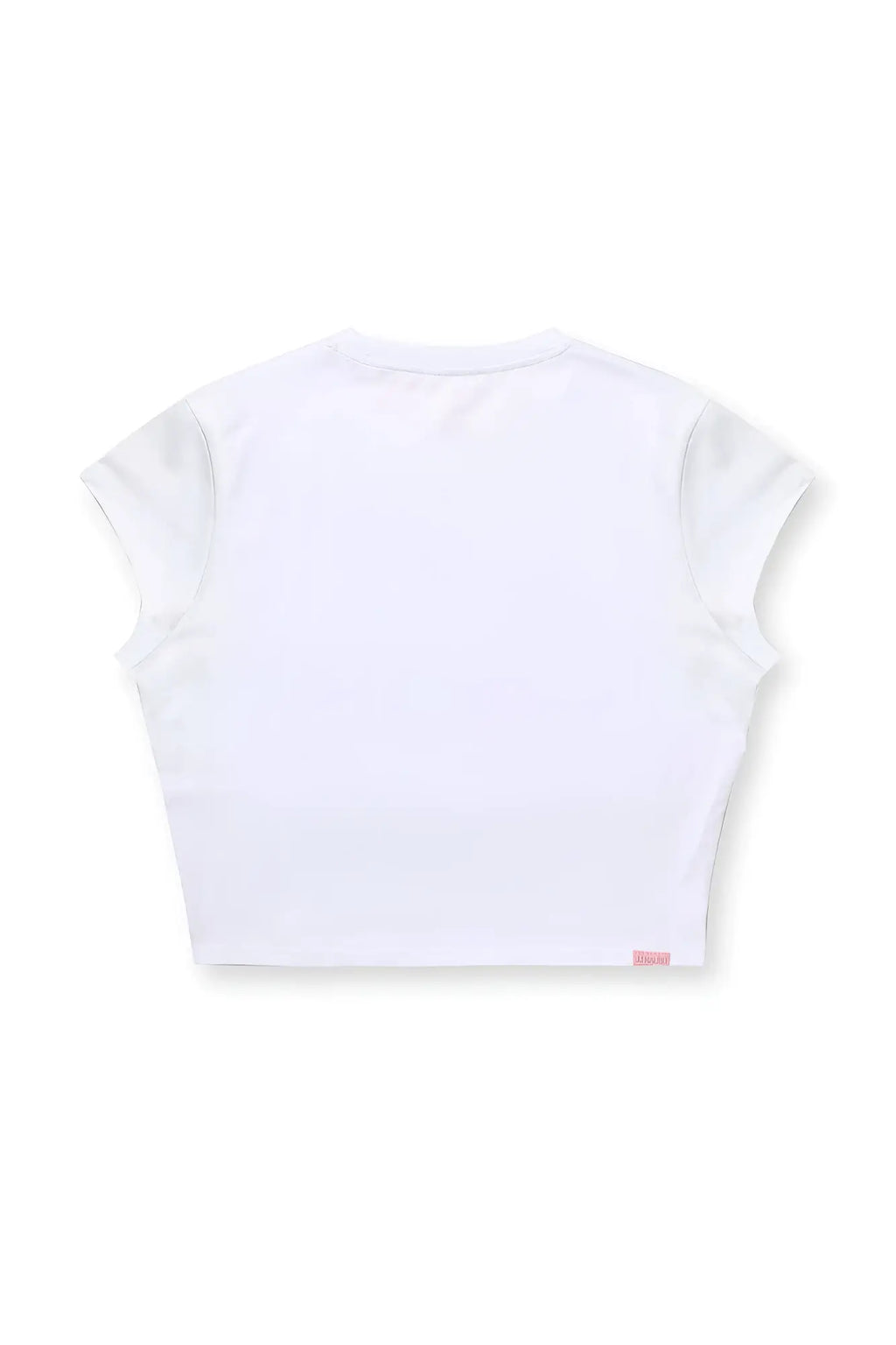 White muscle-fit crop half-sleeve tee featuring a simple crew neck and subtle pink tag at the bottom hem