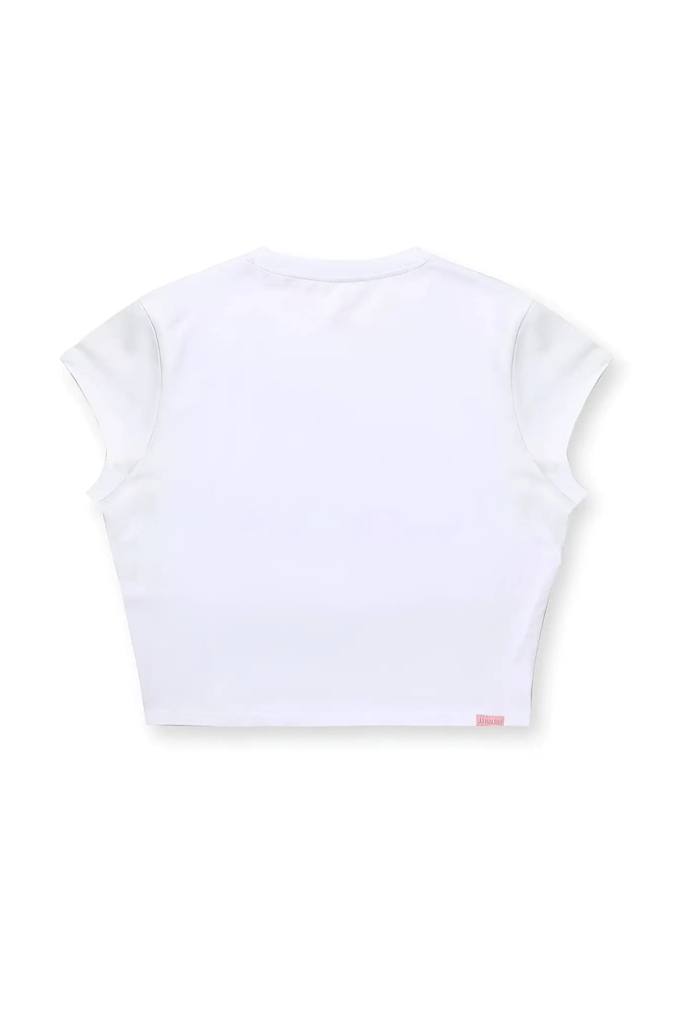 White muscle-fit crop half-sleeve tee featuring a simple crew neck and subtle pink tag at the bottom hem
