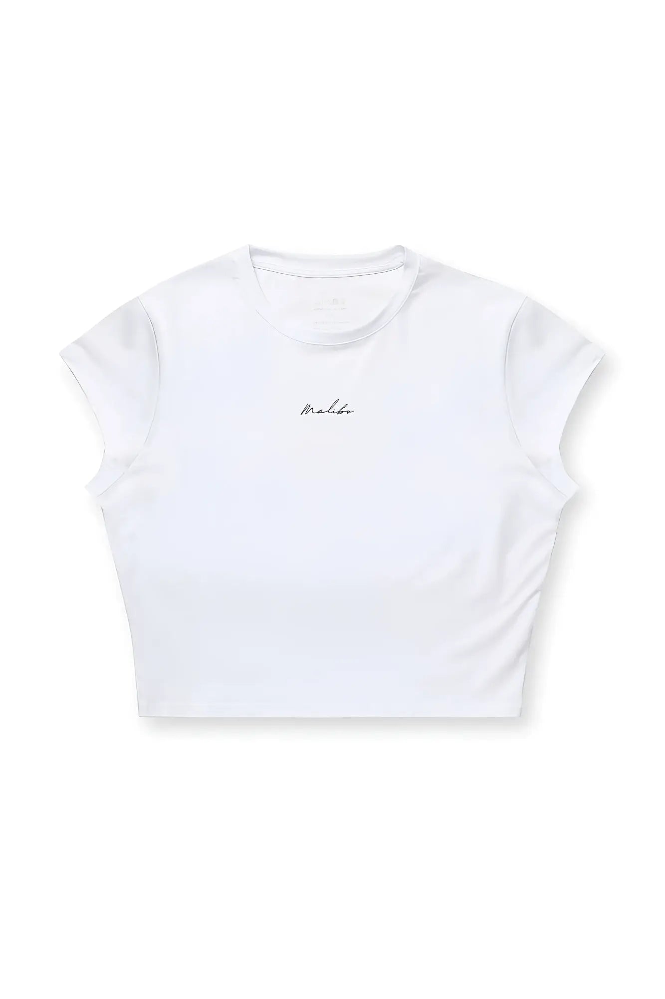 Muscle-fit crop half-sleeve tee in white featuring a subtle black cursive malka logo embroidered on the chest