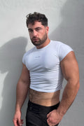 White muscle-fit crop half-sleeve t-shirt with subtle embroidered logo on chest in soft breathable fabric