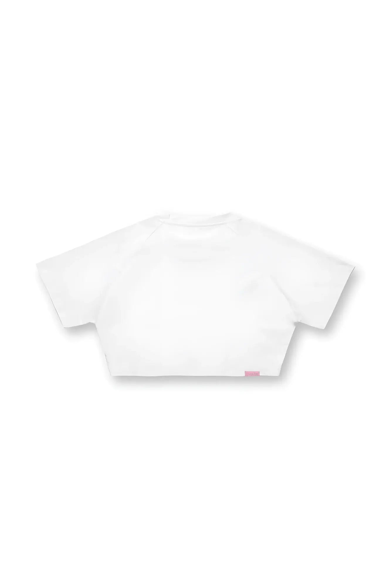 White muscle-fit crop tee with short sleeves and a subtle pink tag at the bottom hem for daylight bae
