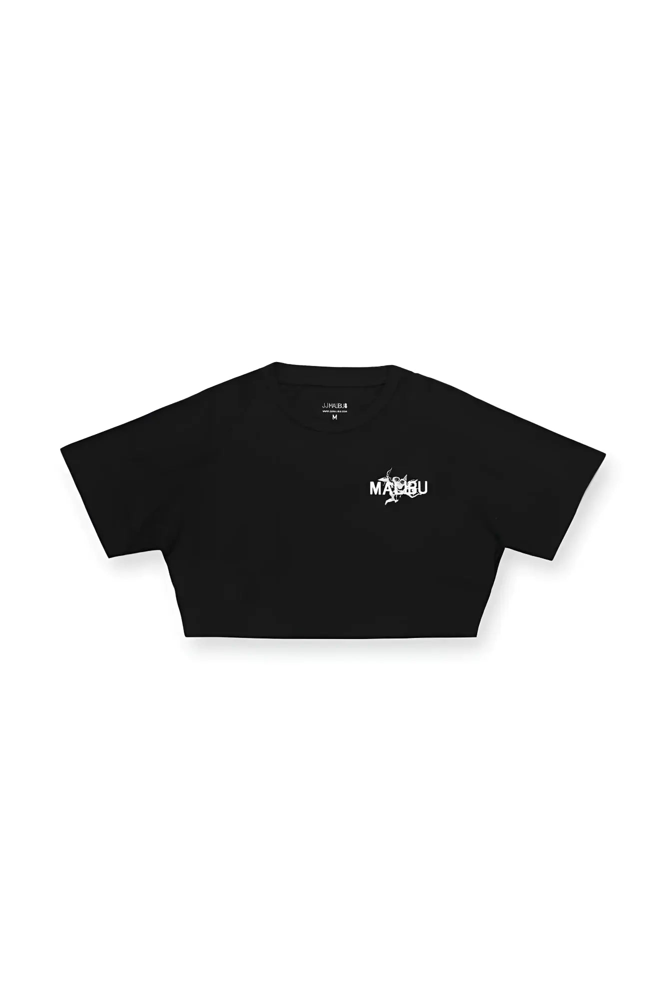 Black muscle-fit cropped t-shirt with short sleeves and white mabbu logo on the chest for casual wear