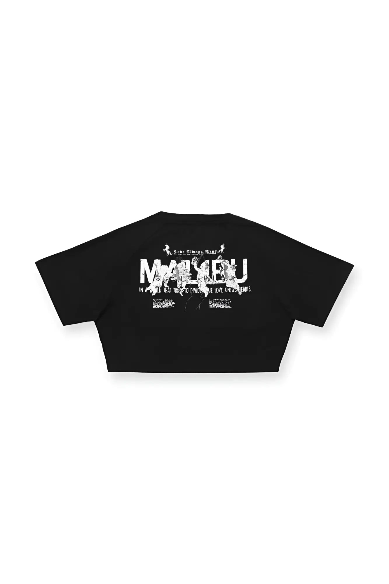 Black muscle-fit cropped t-shirt with white graphic print and stylized text on the back malibu angel design