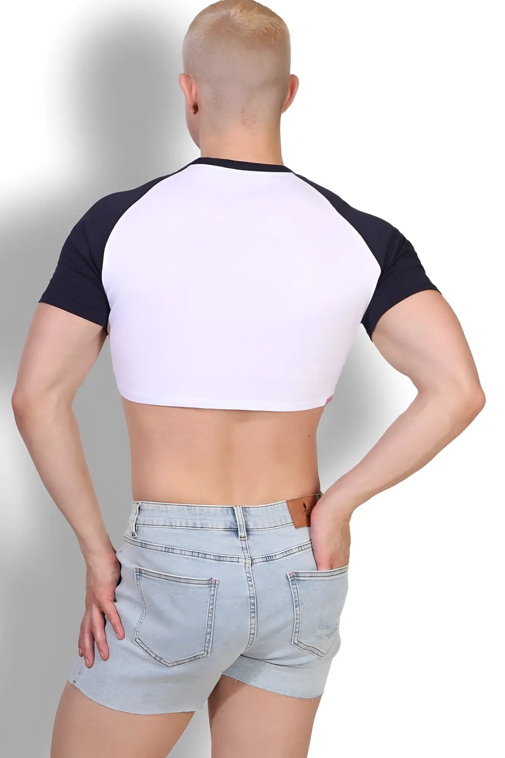 Muscle-fit crop tee malibu script with white and black raglan sleeves in a stretchy comfortable fabric