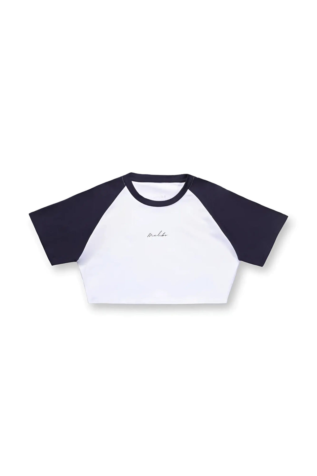 White and navy blue muscle-fit crop tee with raglan sleeves and subtle embroidered Malibu Script logo on the chest