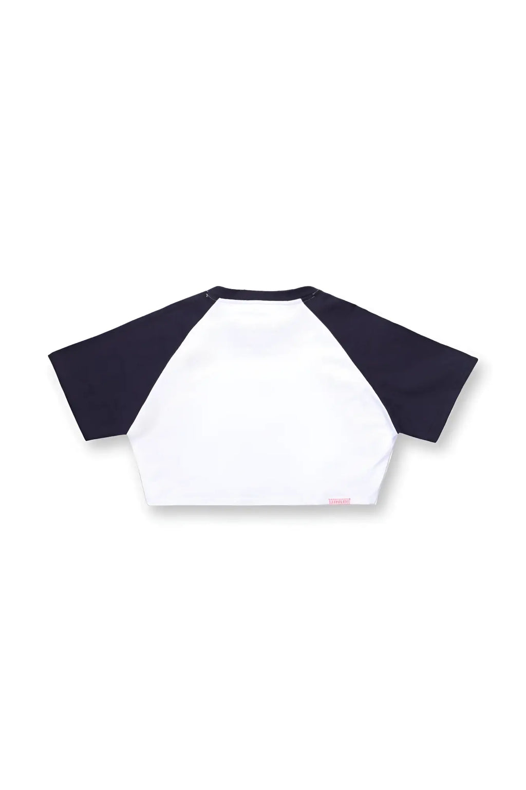 White and navy blue muscle-fit crop tee with raglan sleeves featuring malibu script design