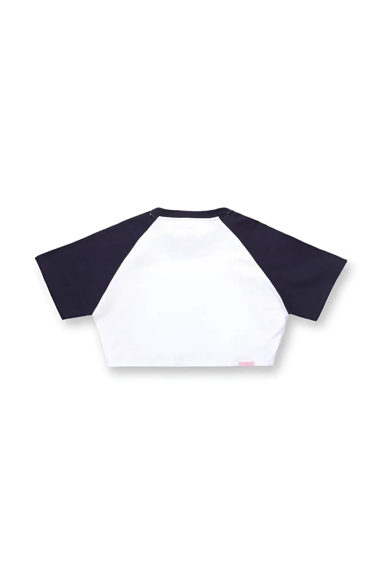 White and navy blue muscle-fit crop tee with raglan sleeves featuring malibu script design