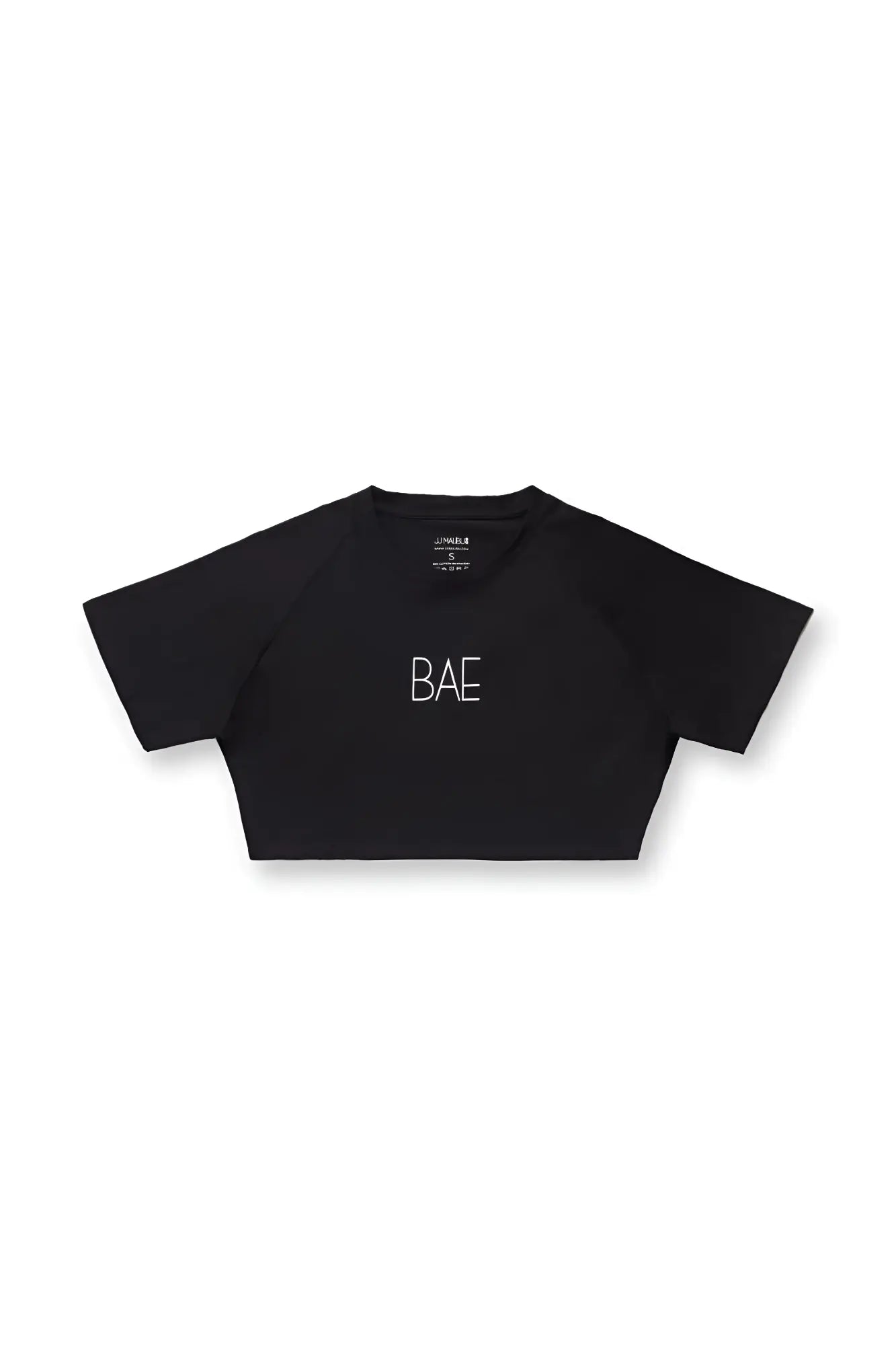 Black muscle-fit cropped short-sleeve cotton t-shirt with white bae lettering on the chest for casual wear