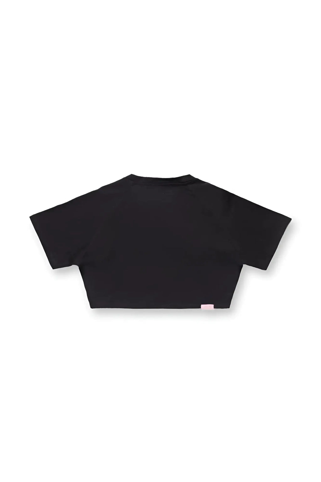 Black muscle-fit crop tee with short sleeves and a subtle pink tag at the bottom hem called midnight bae