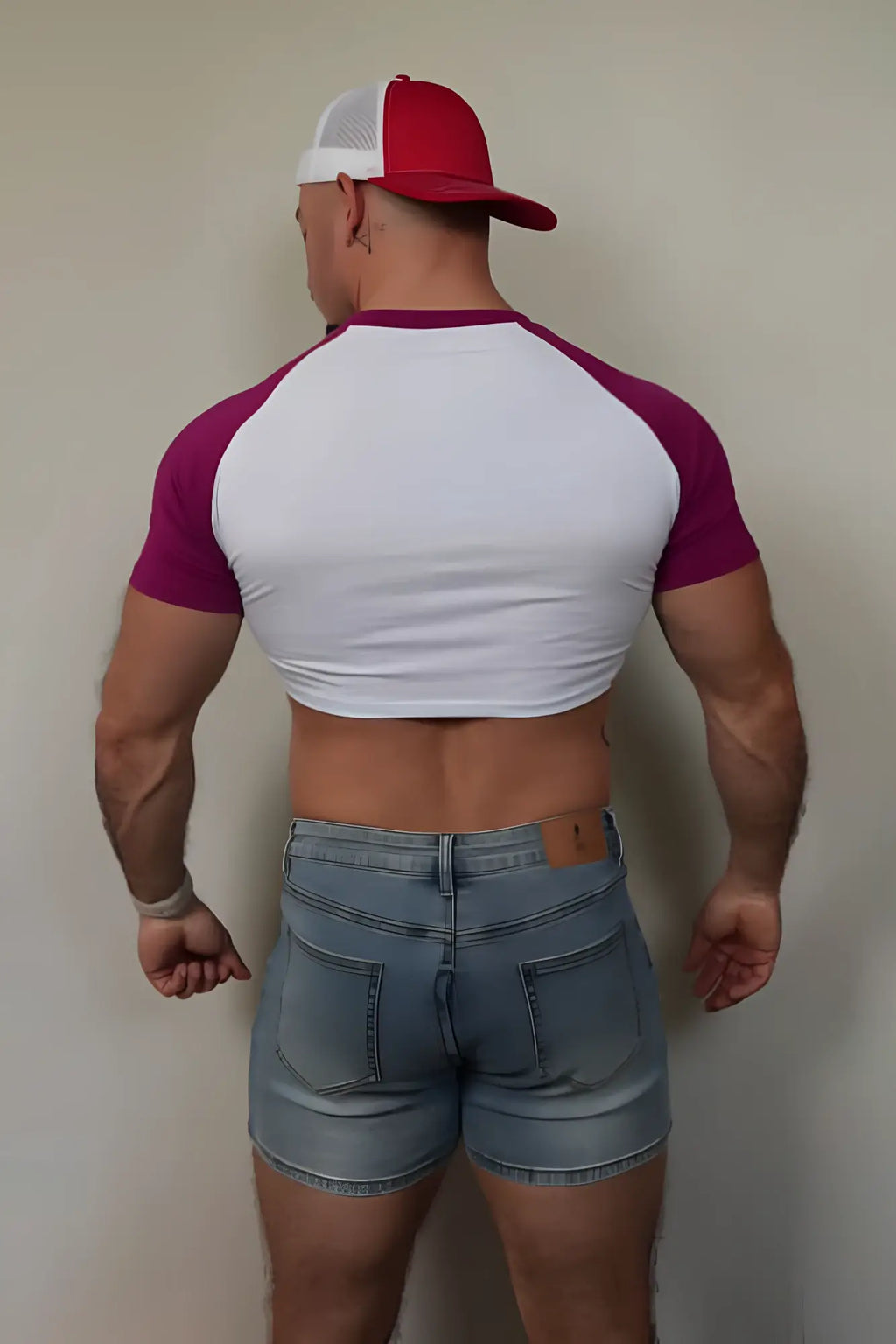 A man wearing a muscle-fit crop tee with magenta raglan sleeves and white body paired with light-wash denim shorts