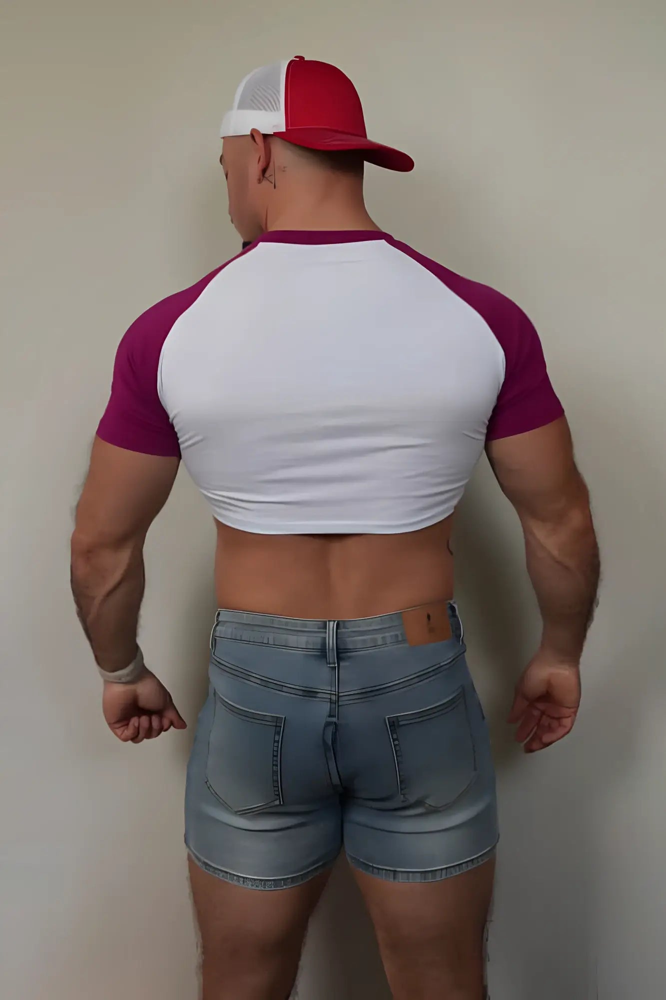 A man wearing a muscle-fit crop tee with magenta raglan sleeves and white body paired with light-wash denim shorts