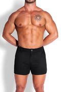 Muscle-fit men’s 4 inch jet black stretchy chino shorts with button closure and side pockets in tailored fit