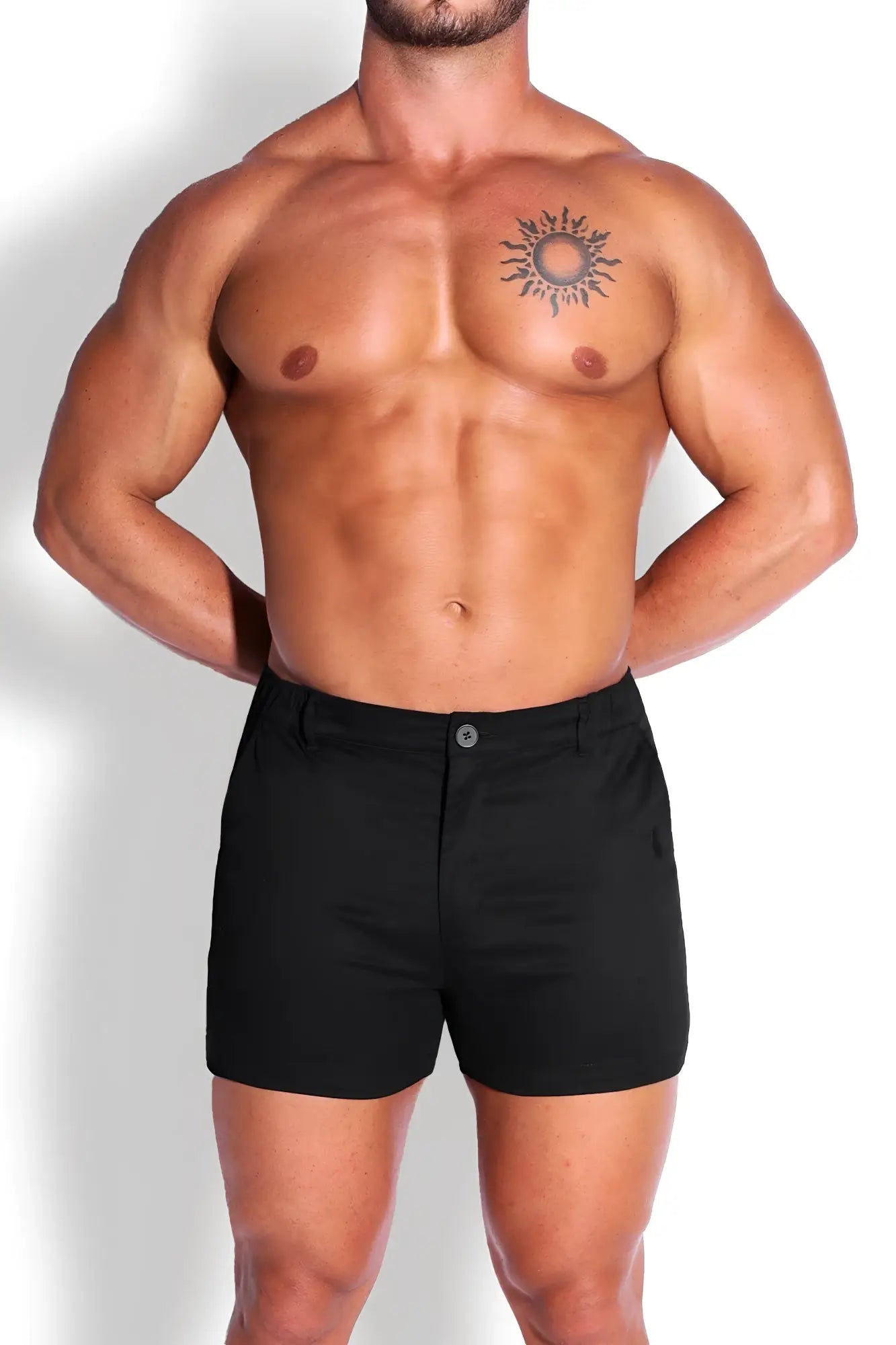 Muscle-fit men’s 4 inch jet black stretchy chino shorts with button closure and side pockets in tailored fit