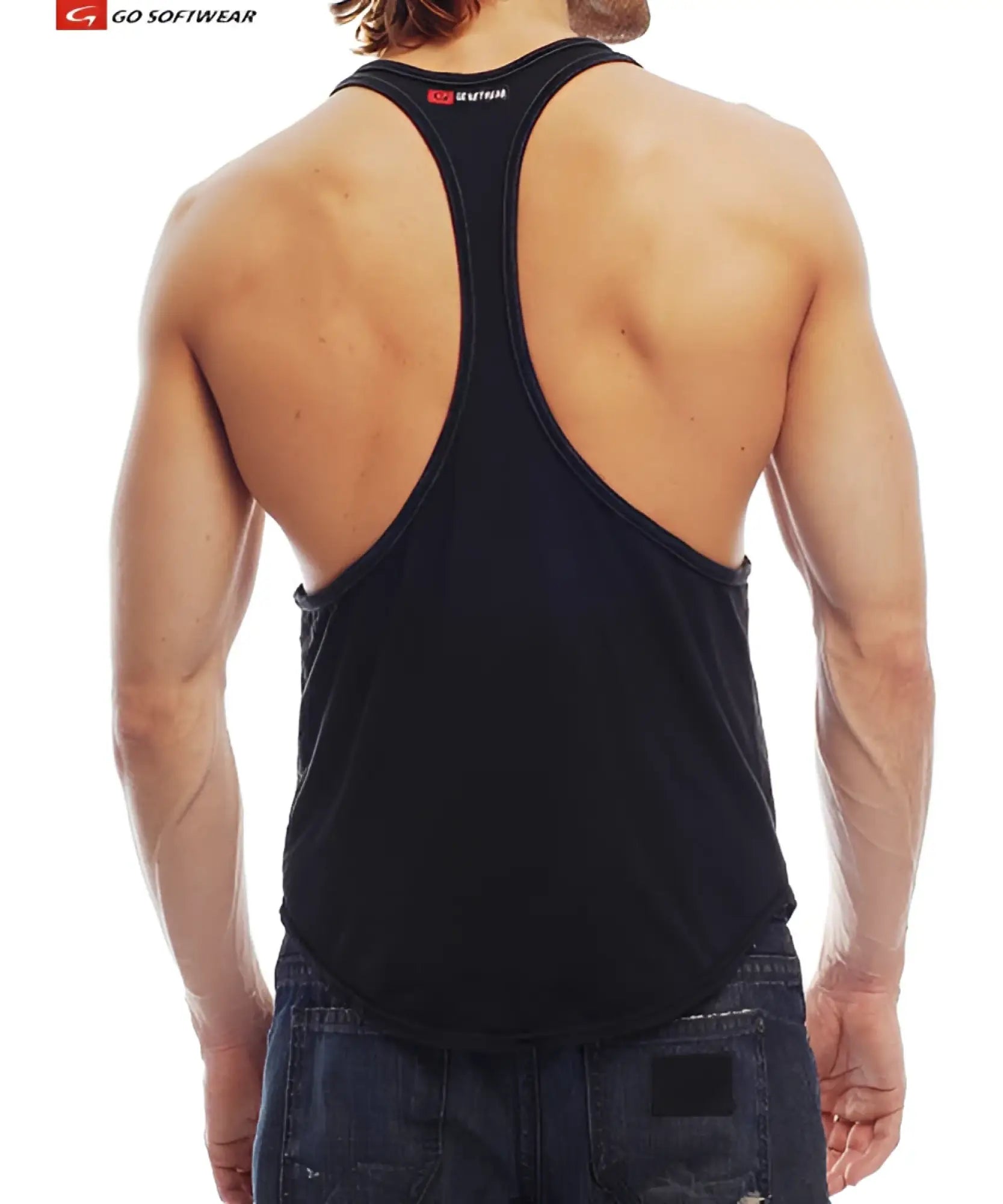 Back view of a black muscle tank racerback with a subtle red and white logo on the upper back for active wear