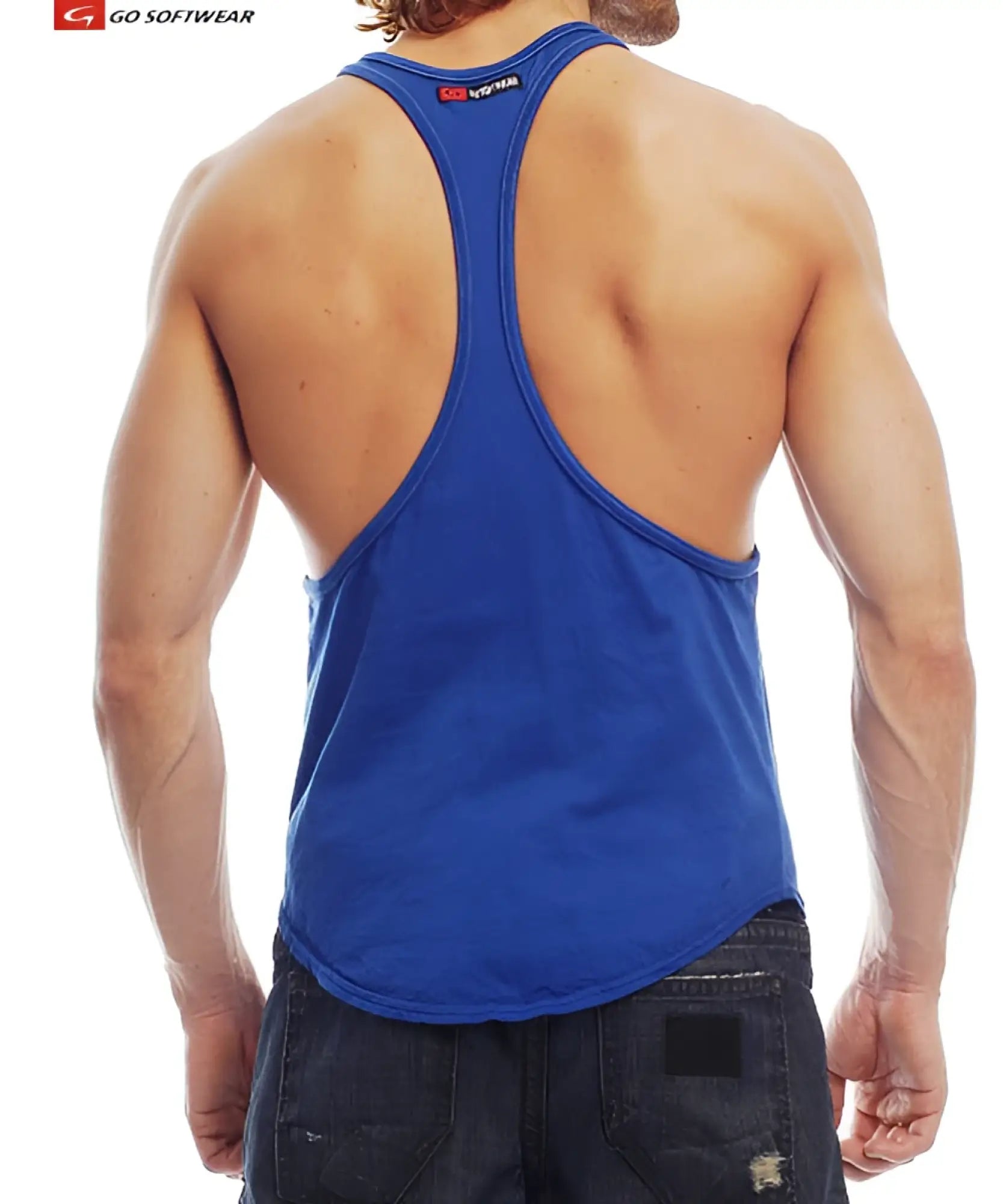 Blue muscle tank with a snug fit and subtle brand logo on the upper back shown from the back side