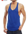 Blue muscle tank sleeveless top with scoop neckline and ribbed trim for casual and athletic wear