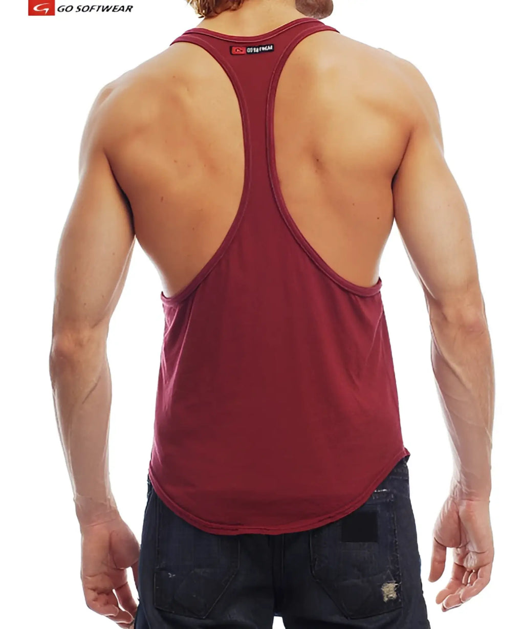 Maroon muscle tank with soft stretchy fabric and subtle stitching along the neckline for comfortable wear