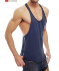 Navy blue muscle tank sleeveless top with deep scoop neckline and side cutouts in soft breathable fabric