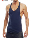 Navy blue muscle tank sleeveless top with rounded neckline and ribbed trim perfect for workouts or casual wear