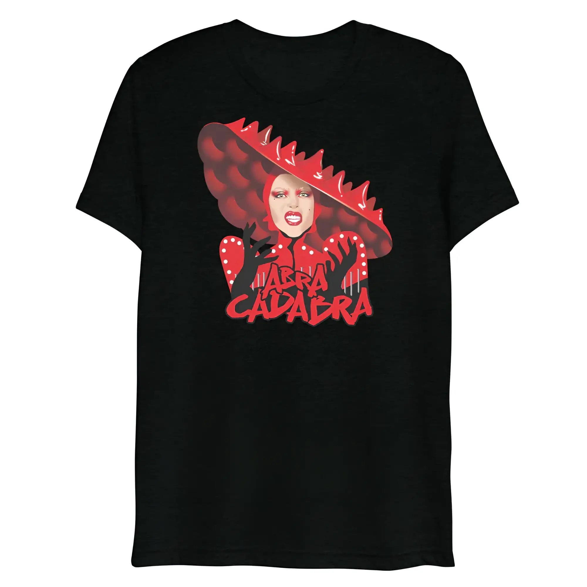 Black short-sleeved t-shirt featuring a vibrant red graphic of drag queen Farra Calabra in a wide-brimmed hat and polka dots