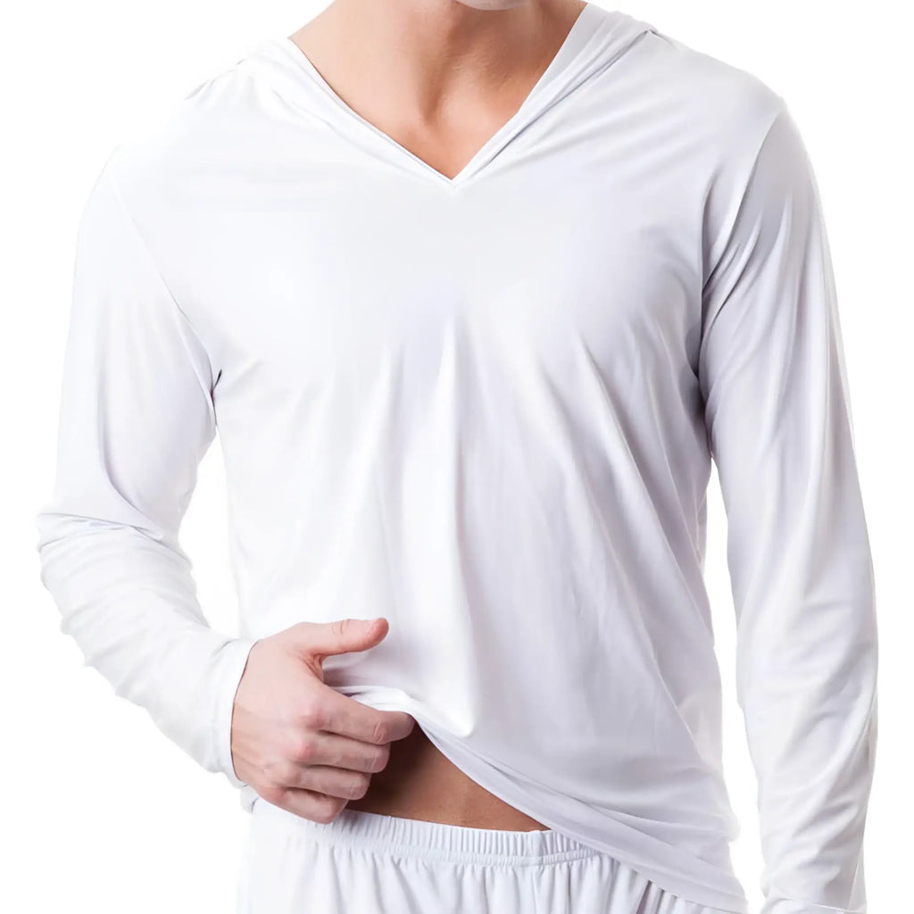 White long-sleeved hooded shirt with v-neckline from n2n bodywear net bikini made of soft lightweight fabric