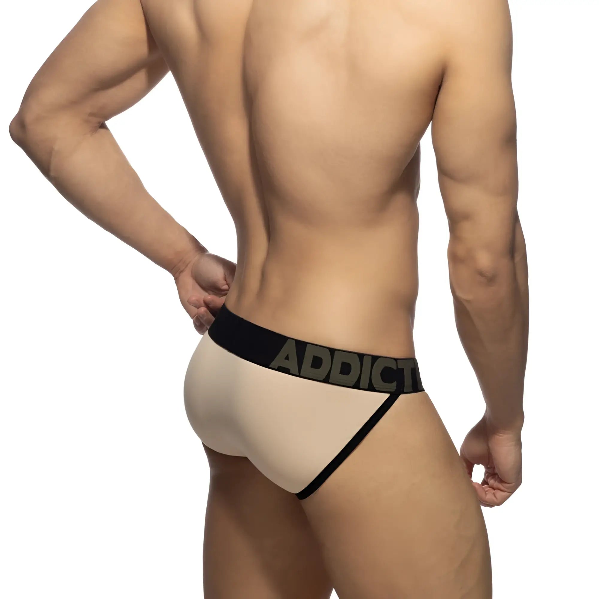Beige addict naked feeling bikini brief with black elastic waistband and side trim in soft breathable fabric