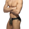 Black and beige athletic naked feeling bikini brief with bold add logo on waistband for activewear use
