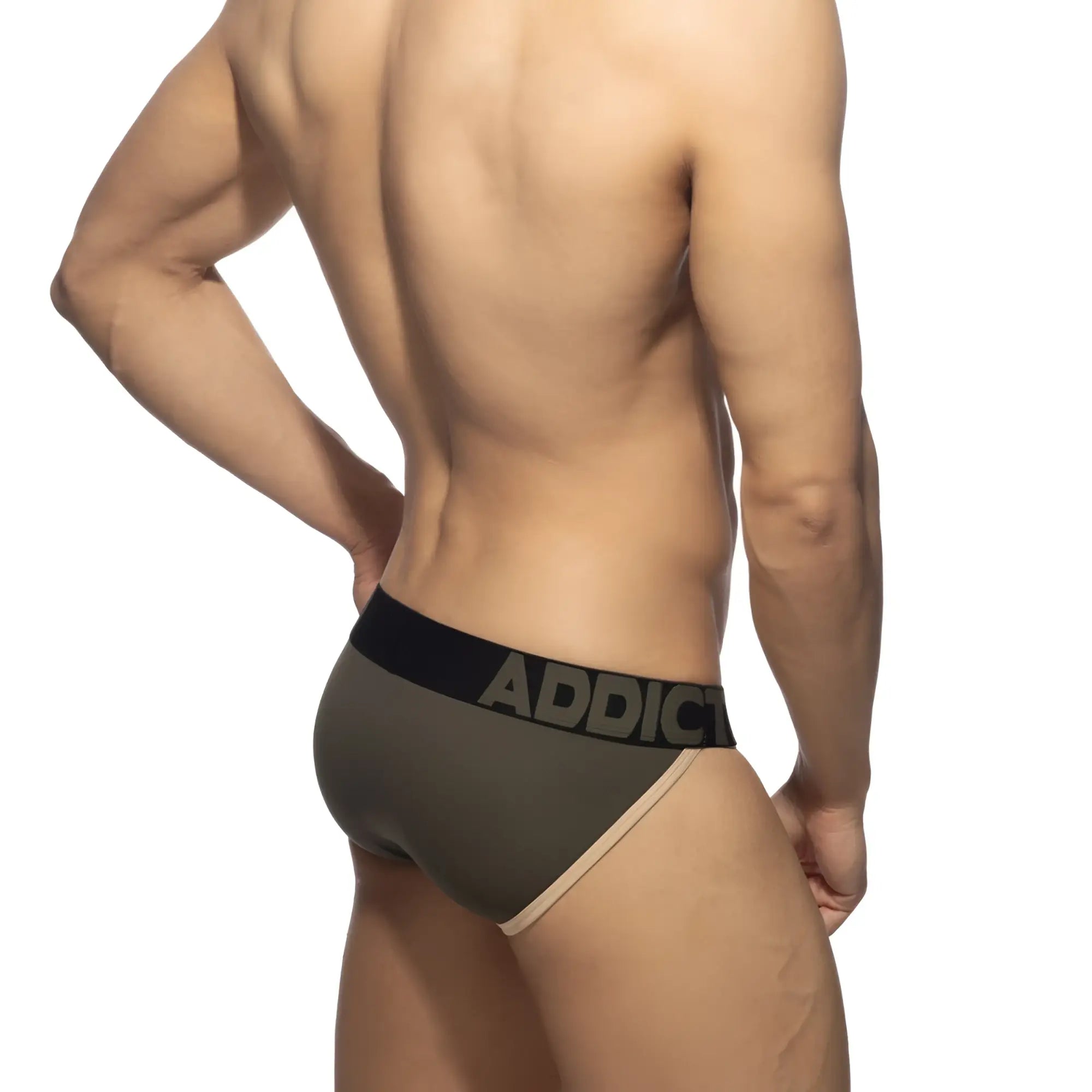 Olive green naked feeling bikini brief with black waistband and bold gray addict lettering for comfortable wear