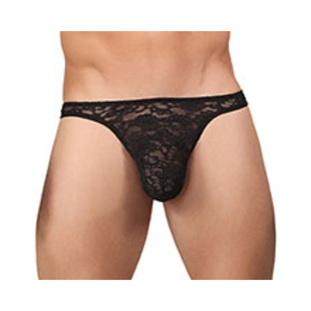 Tanga Bong de encaje elástico negro grande/XL