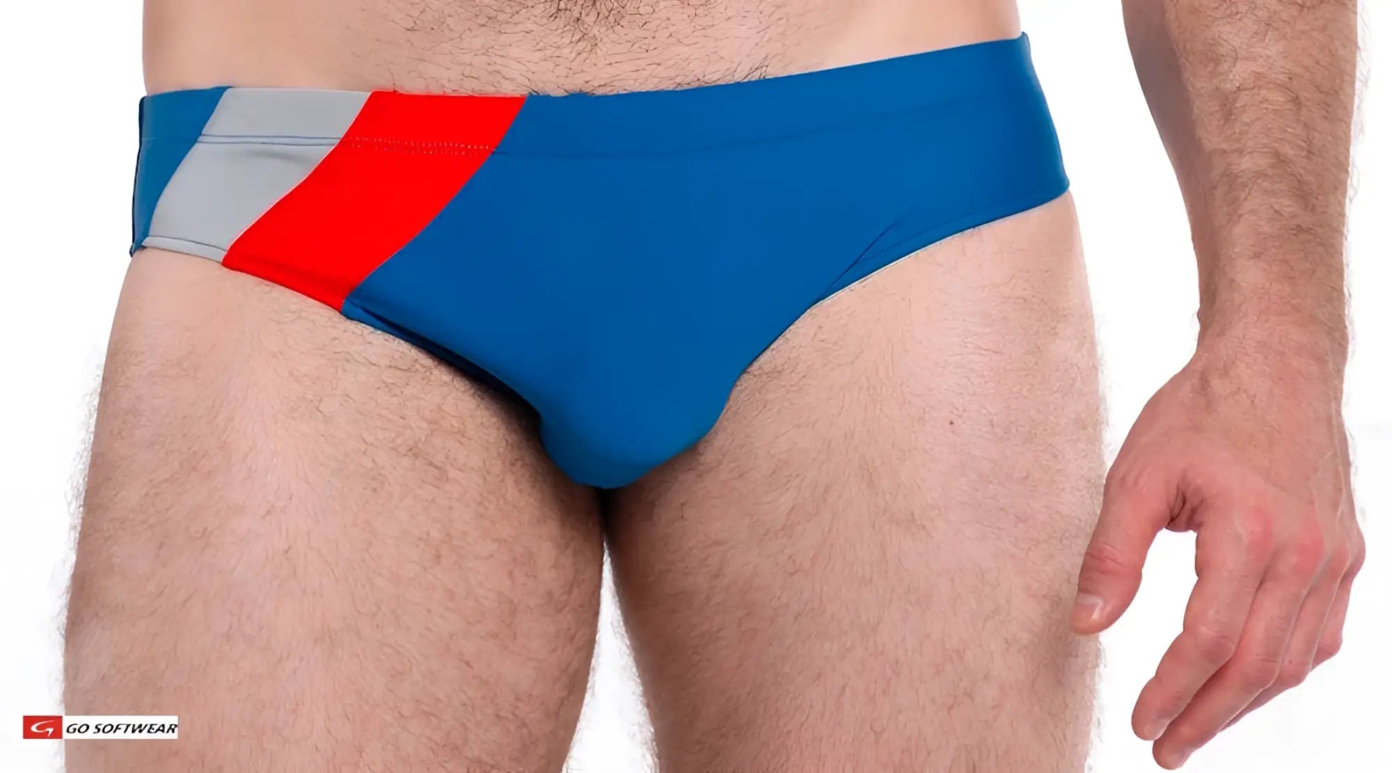 Blue napoli bikini swim trunks featuring a bold red and gray diagonal stripe across the waistband