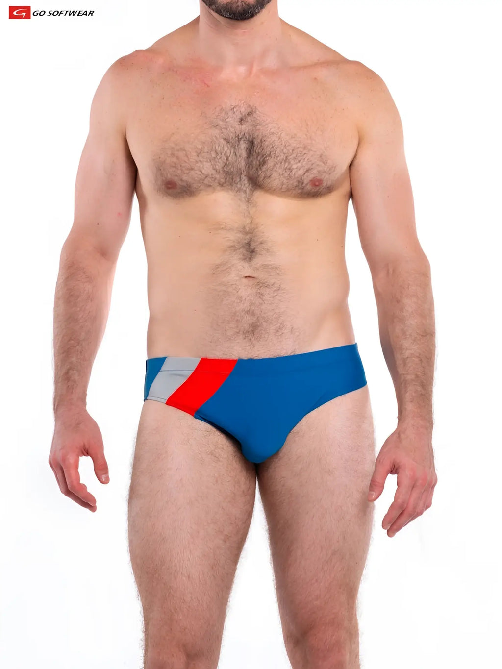 Blue Napoli Bikini Swim trunks by go softwear with a bold red and gray diagonal stripe across the waistband