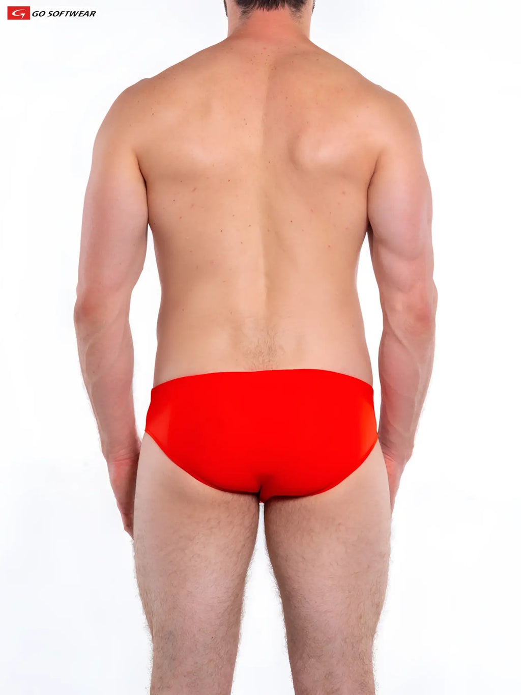 Bright red form-fitting swim trunks from go softwear designed for the napoli bikini swim collection
