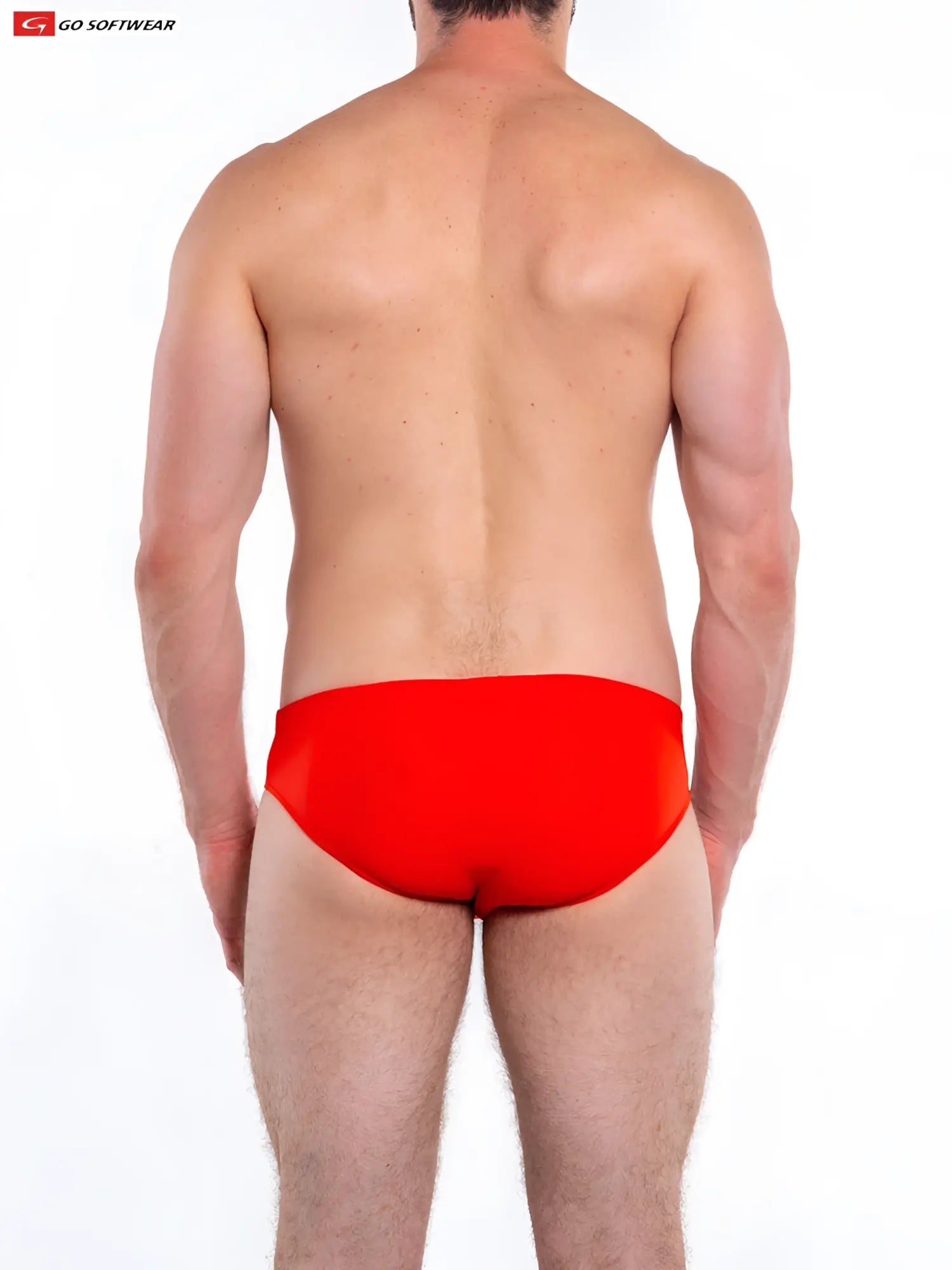 Bright red form-fitting swim trunks from go softwear designed for the napoli bikini swim collection