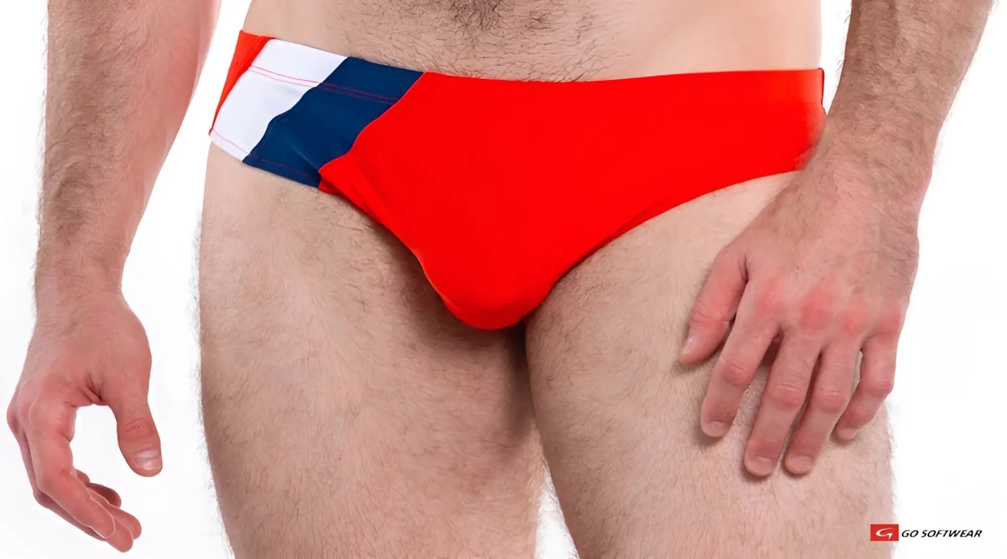 Red napoli bikini swim trunks with white and blue striped waistband panel for beachwear