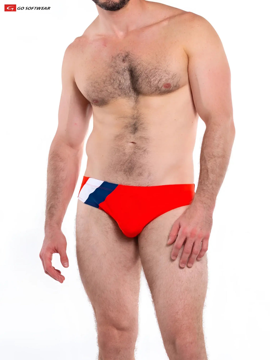 Red swim trunks from napoli bikini swim with white and blue diagonal stripe on the side for beachwear