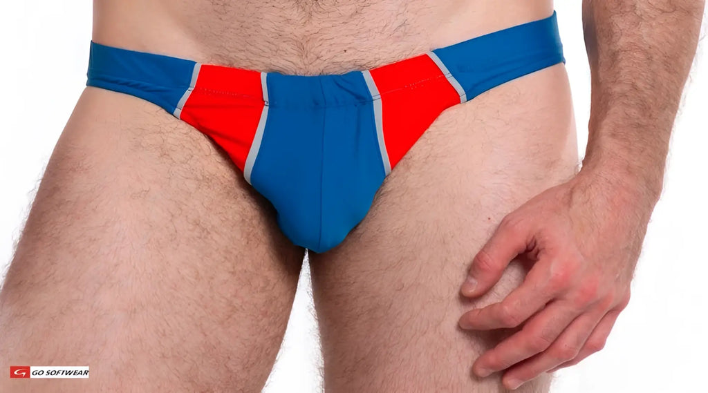 Blue and red athletic briefs with white trim for men in napoli buns bikini swim style