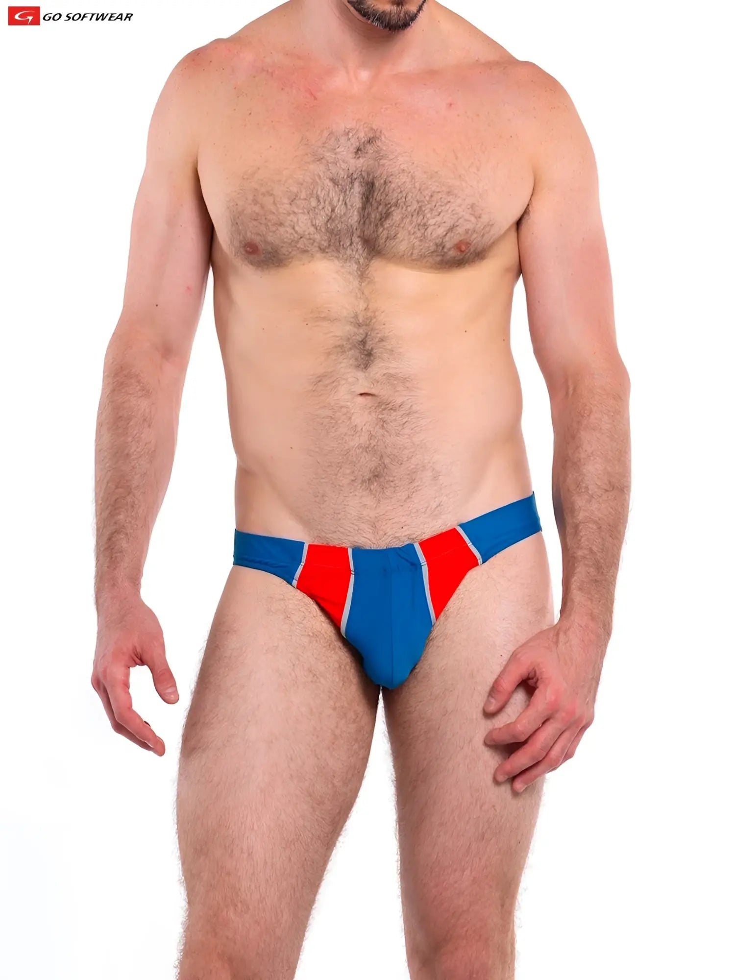 Napoli buns bikini swim blue and red striped swim trunks with bold athletic design for beach and pool use